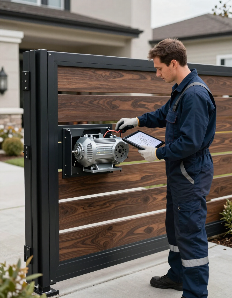 Técnico inspeccionando el motor de una puerta de entrada de madera moderna.