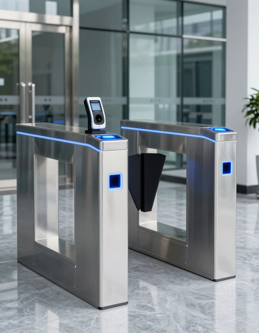 Moderna puerta giratoria de oficina con paneles iluminados en azul y escáner de acceso montado en el vestíbulo.