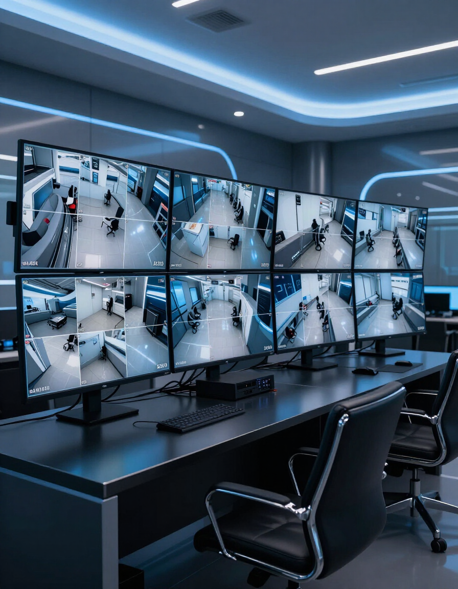 Sala de control de seguridad moderna con múltiples monitores de CCTV y sillas negras vacías.