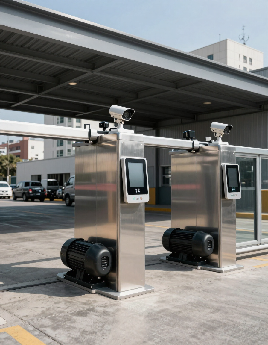 Dos quioscos robóticos de acero inoxidable con cámaras y ruedas en un estacionamiento techado.