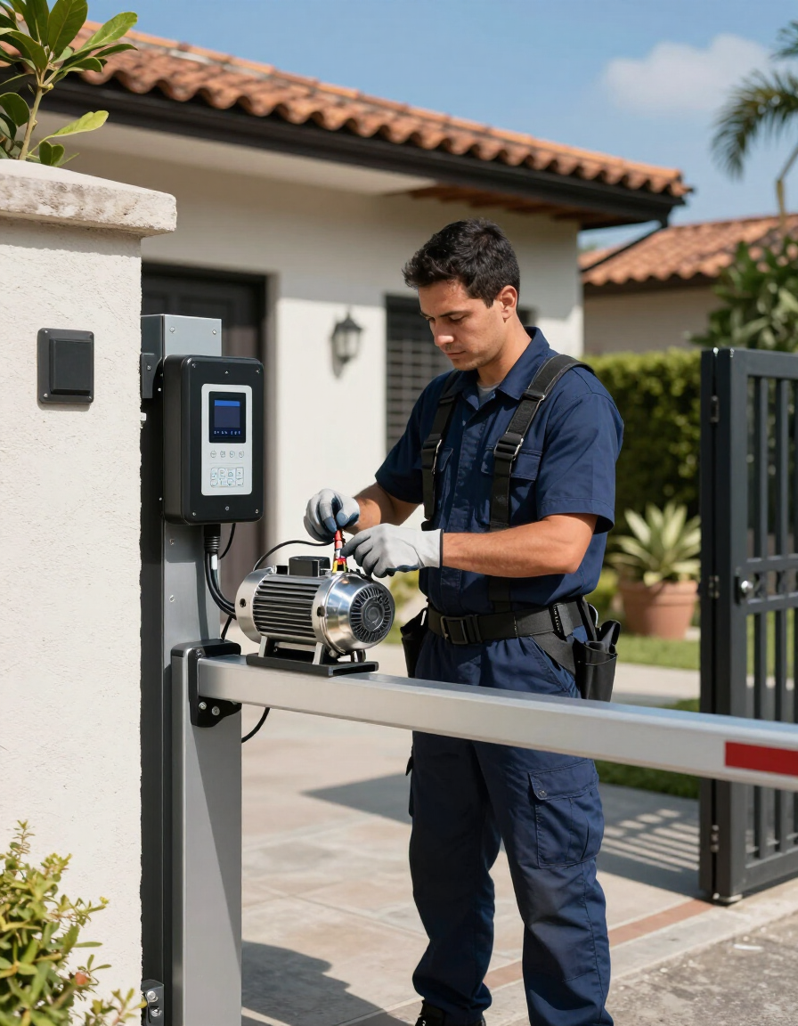 Técnico reparando el motor de una puerta de entrada para vehículos