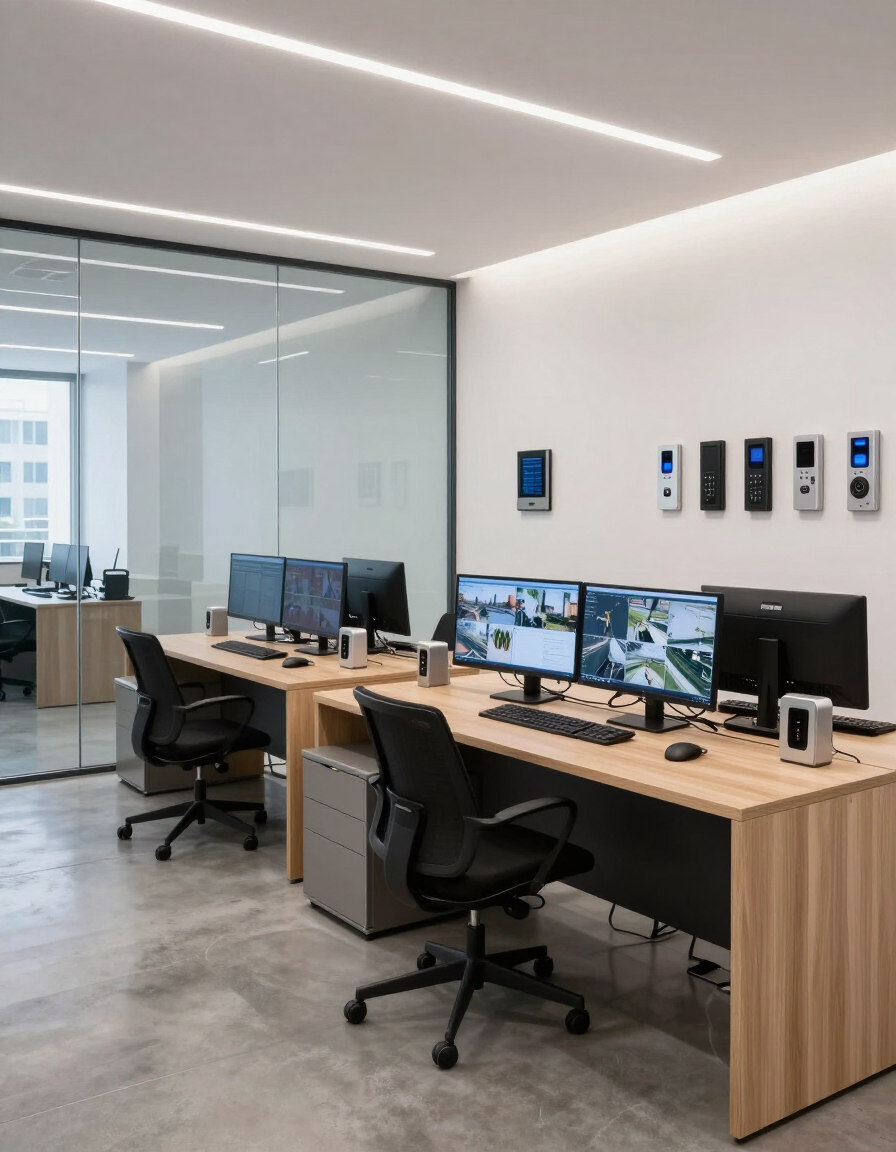 Oficina moderna con escritorios de madera, dos monitores, sillas negras y una sala de reuniones con paredes de cristal.