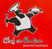 Chef holding a skillet and a plated steak, with “Chef on the Run” text on a red background.