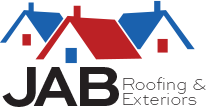 JAB Roofing & Exteriors logo with red and blue roofline icons on a white background
