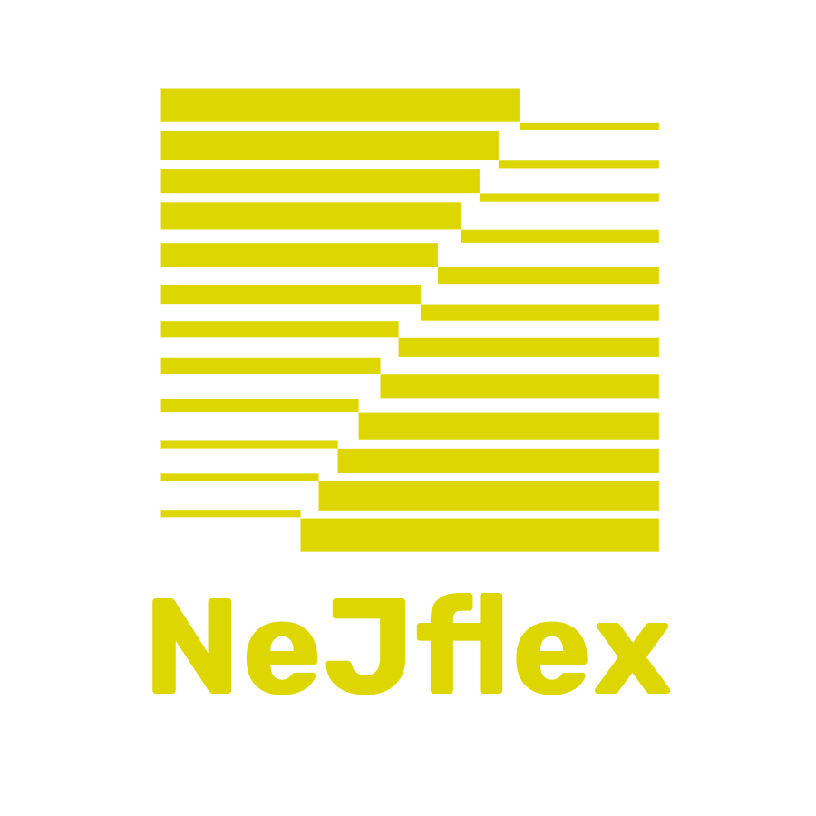 Logotipo geométrico amarelo da NeJfex com barras horizontais empilhadas e texto em negrito sobre fundo branco.