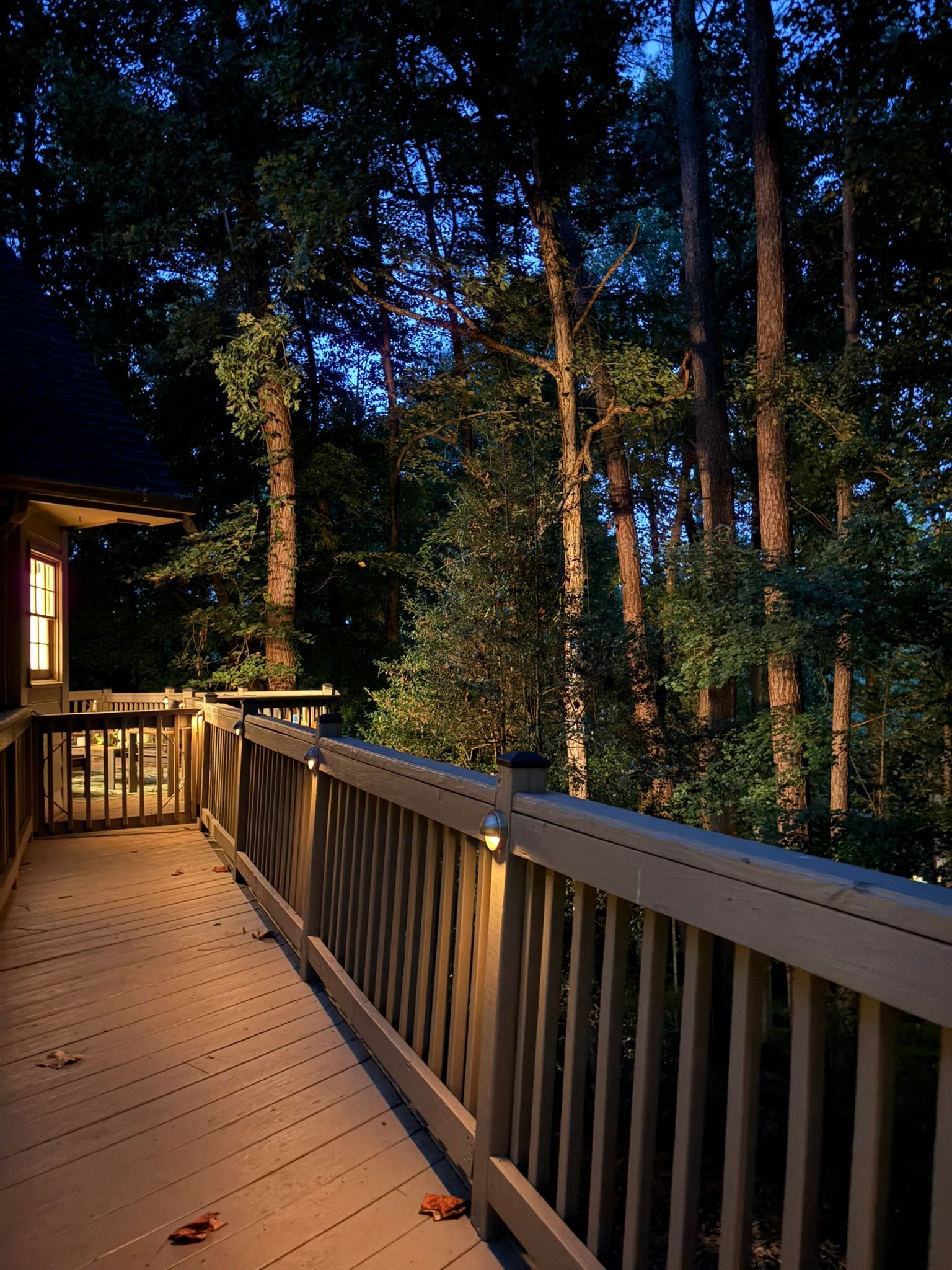 Wooden deck at dusk beside tall trees, lit porch on the left and railings along the right