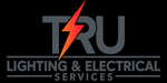 TRU Lighting & Electrical Services logo in gray with an orange lightning bolt on black background