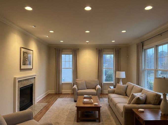 Bright living room with fireplace, beige sofas, coffee table, and large windows.