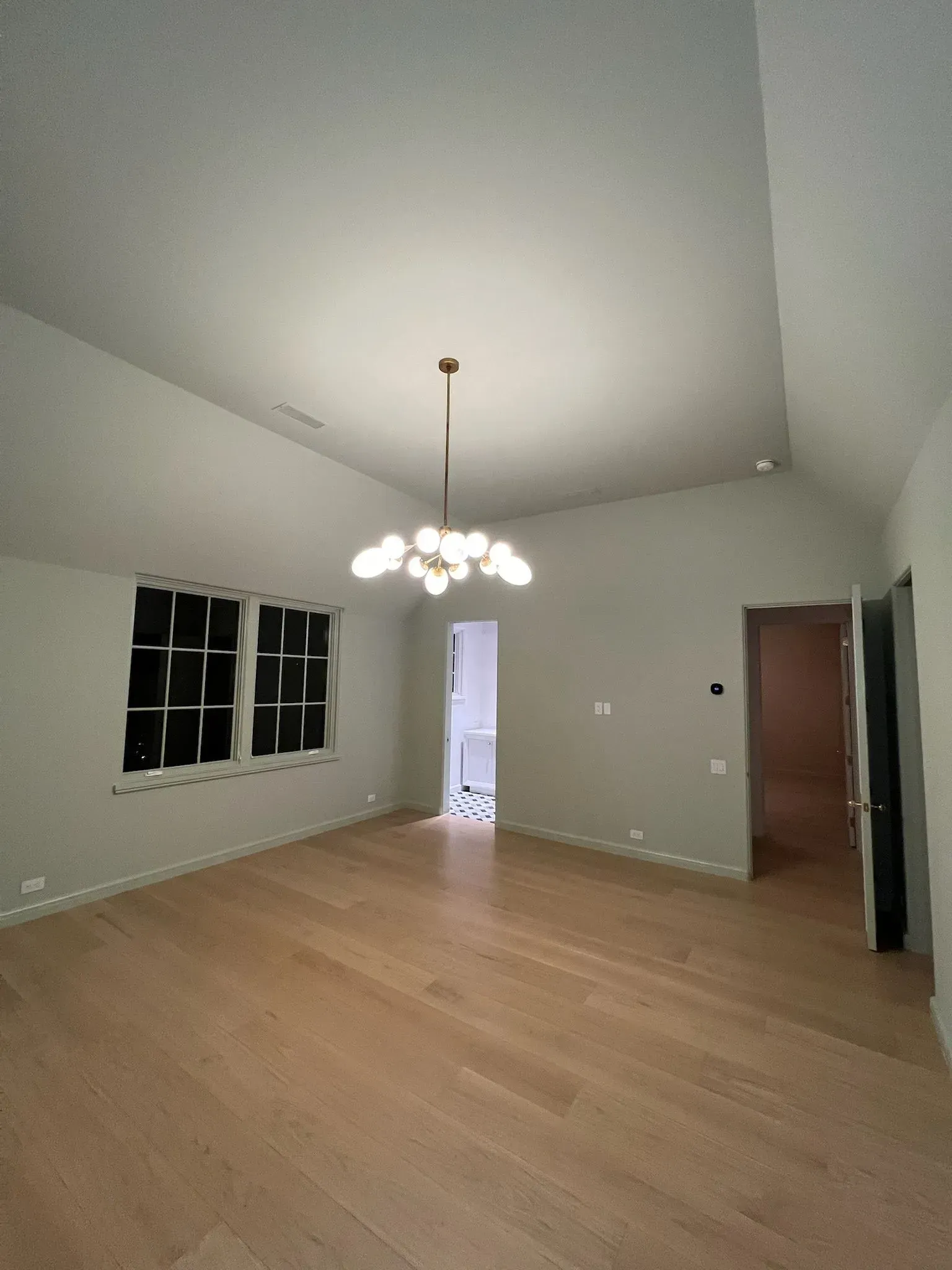 Empty living room with wood floors, white walls, chandelier, and dark-framed windows.