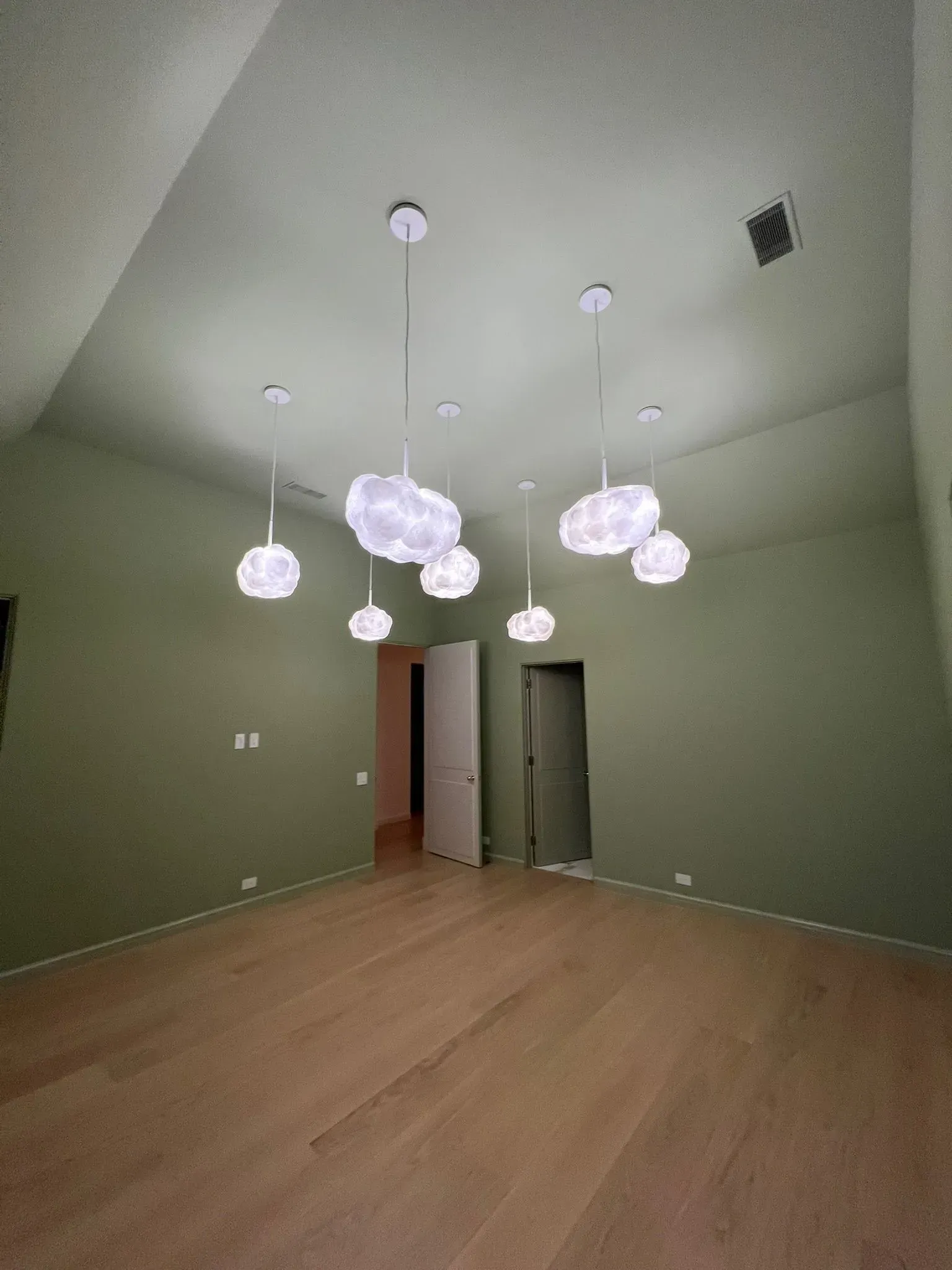 Empty room with wood floor, green walls, and hanging white pendant lights.
