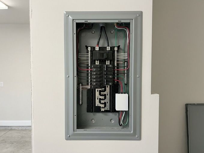 Open electrical breaker panel mounted in a wall, with wires and switches visible.