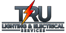 TRU Lighting & Electrical Services logo with gray lettering and a red-orange lightning bolt