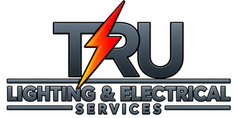 TRU Lighting & Electrical Services logo with gray letters and orange lightning bolt