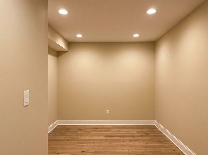 Empty beige room with recessed ceiling lights and hardwood floor