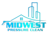 Logo for Midwest Pressure Clean featuring a stylized house, skyscrapers, and a pressure washer wand in blue gradient tones.