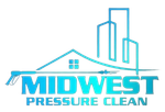Logo for Midwest Pressure Clean featuring a stylized house, skyscrapers, and a pressure washer wand in blue gradient tones.
