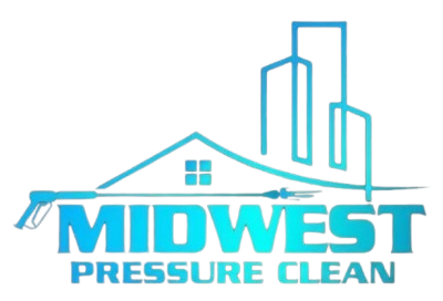 Logo for Midwest Pressure Clean featuring a stylized house, skyscrapers, and a pressure washer wand in blue gradient tones.