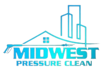 Logo for Midwest Pressure Clean featuring a stylized house, skyscrapers, and a pressure washer wand in blue gradient tones.