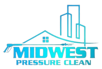 Logo for Midwest Pressure Clean featuring a stylized house, skyscrapers, and a pressure washer wand in blue gradient tones.