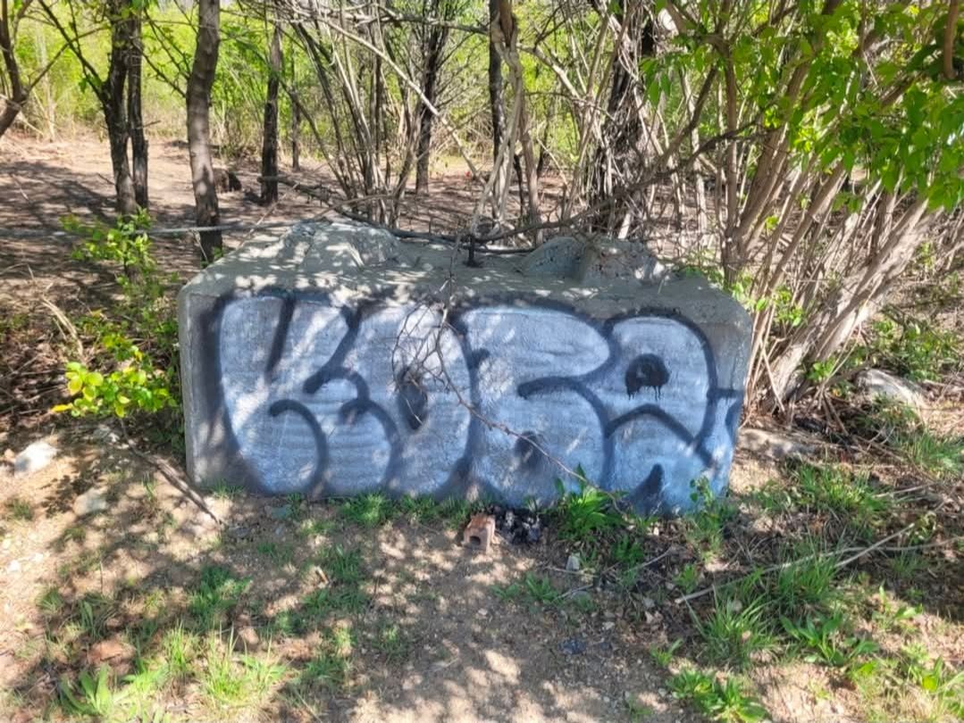 A concrete block with graffiti reading 