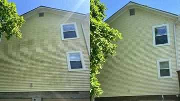 Before and after comparison of light yellow vinyl siding being cleaned of dark streaks and organic growth.