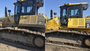 A split-screen view showing a dirty yellow Komatsu D61 bulldozer on the left and the same machine cleaned on the right.