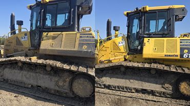 A split-screen view showing a dirty yellow Komatsu D61 bulldozer on the left and the same machine cleaned on the right.