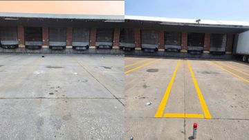 A side-by-side comparison of a concrete loading dock before and after new yellow parking bay lines were painted on the ground.