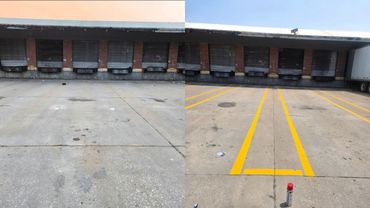 A side-by-side comparison of a concrete loading dock before and after new yellow parking bay lines were painted on the ground.