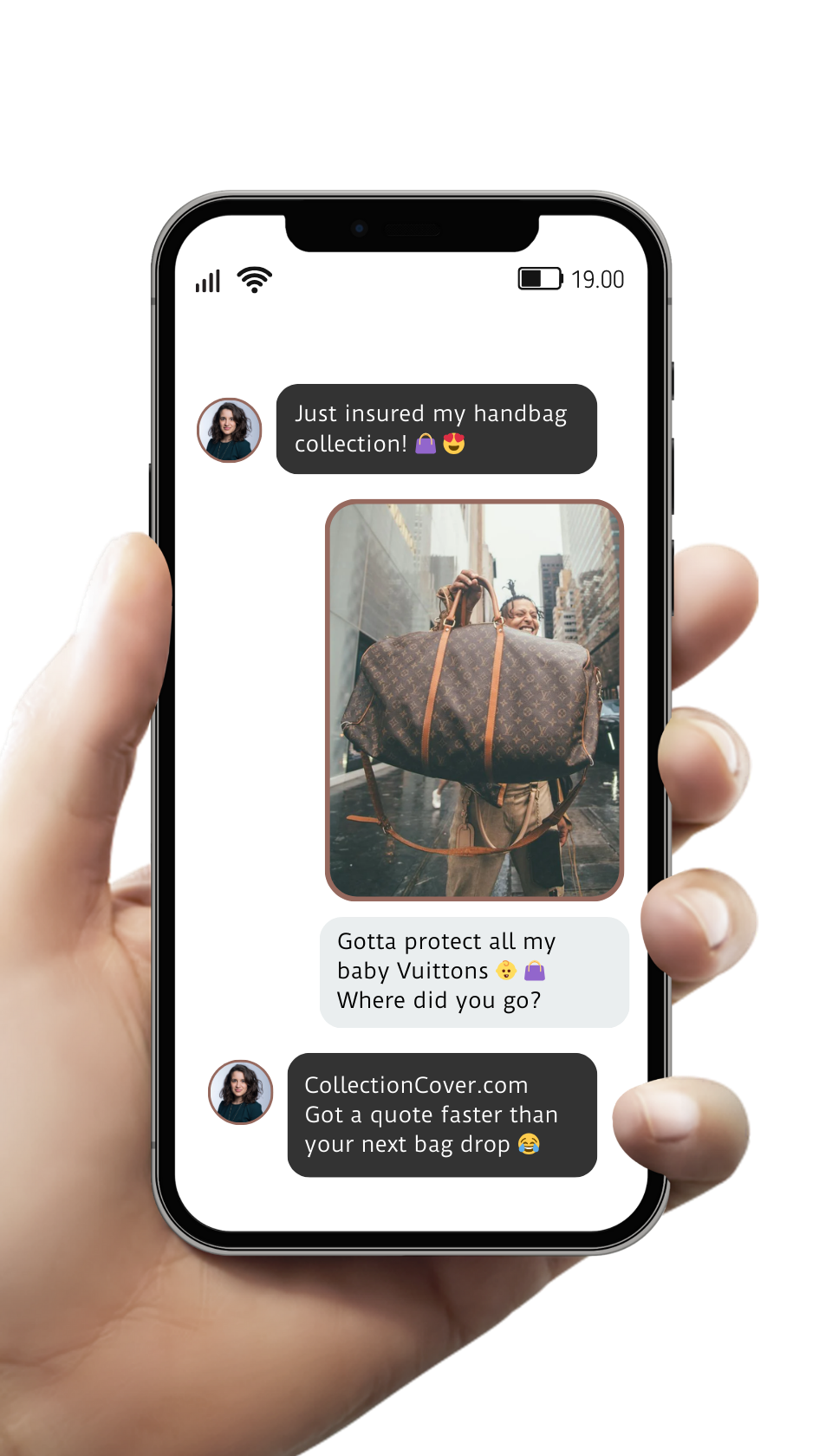 A hand is holding a cell phone with a picture of a bag on the screen.