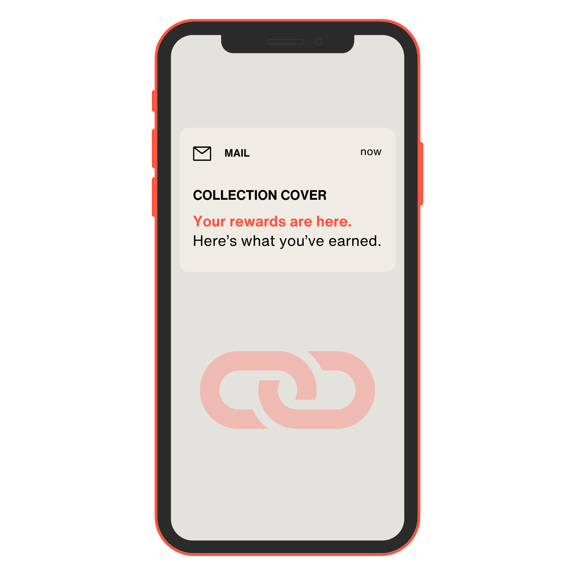 A cell phone with a message on the screen that says your rewards are here.