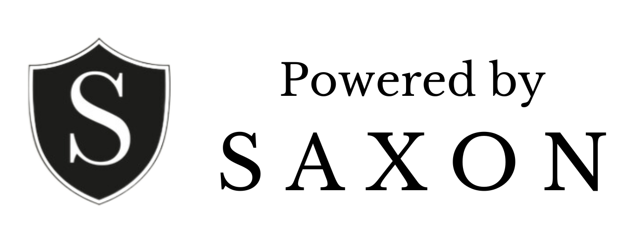 A black and white logo that says powered by saxon