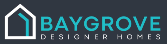 Baygrove Designer Homes logo with teal and white house icon on dark background