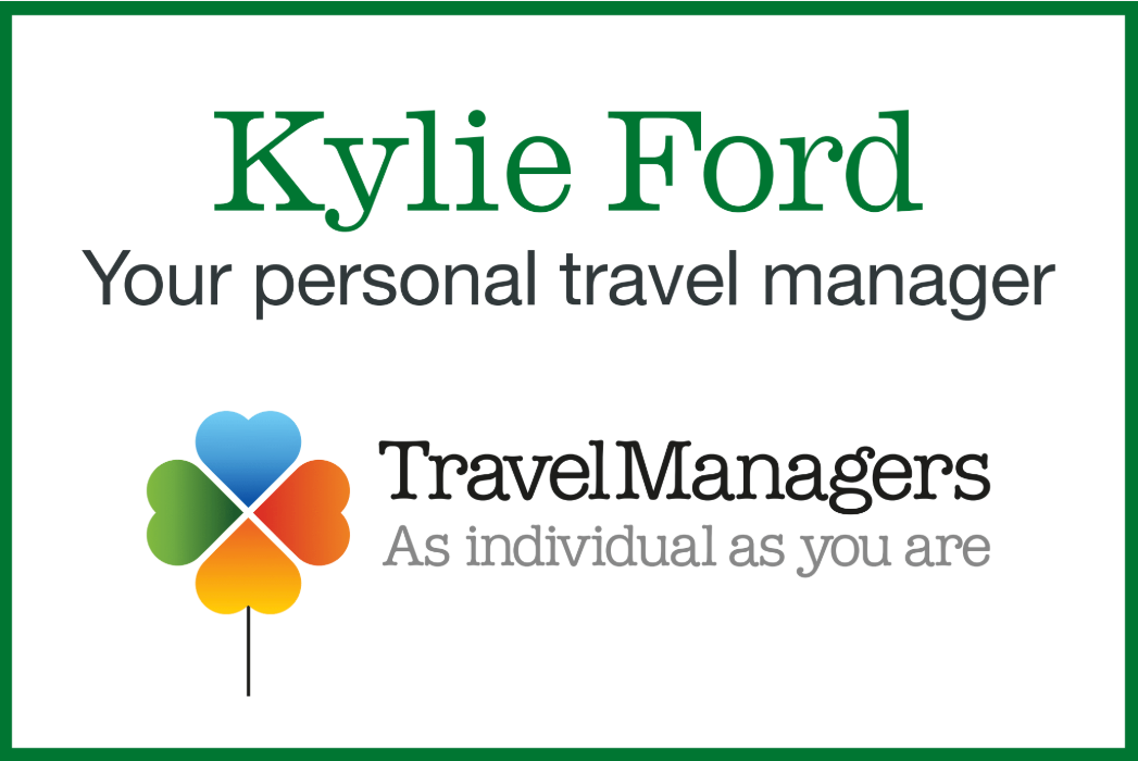 Business card for Kylie Ford, personal travel manager, with TravelManagers logo and tagline on white background