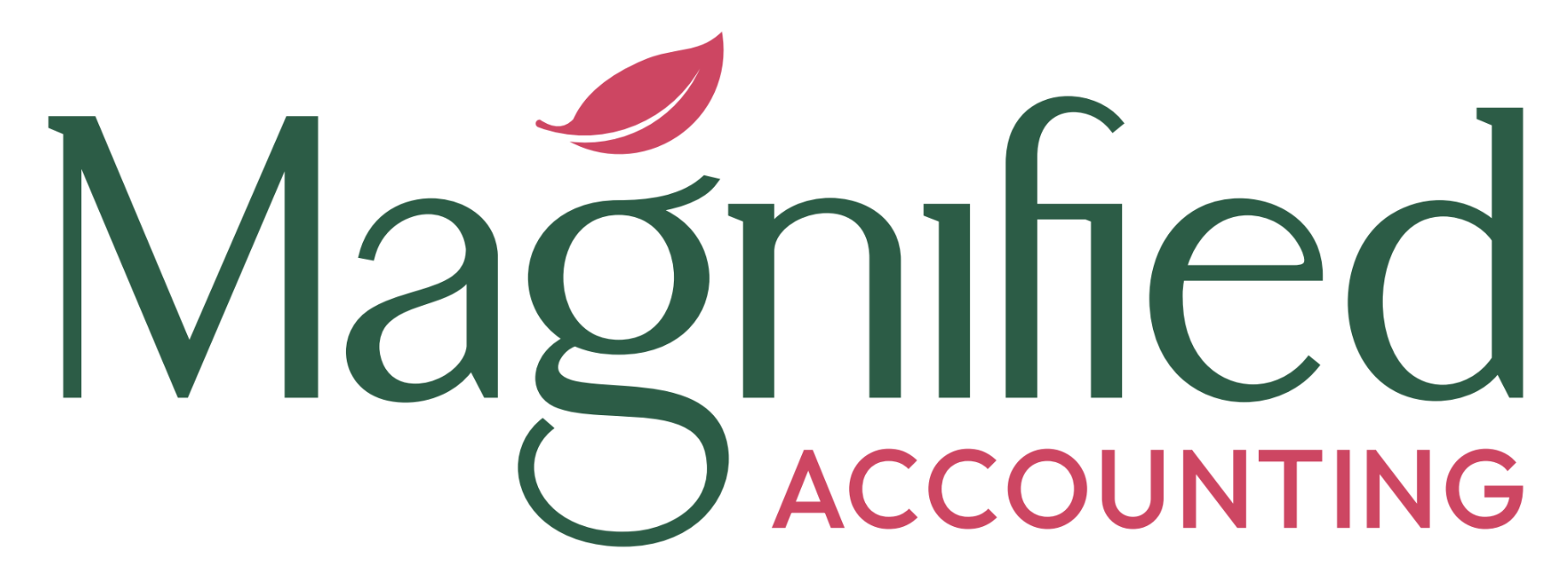 Magnified Accounting logo in green and pink with a leaf accent