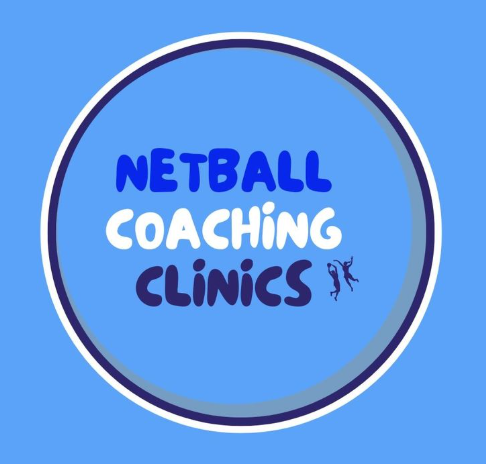 Blue circular logo reading “Netball Coaching Clinics” on a light blue background.