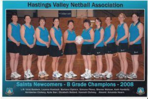 Hastings Valley Netball Association Saints Newcomers B Grade Champions 2008 team photo in blue and black uniforms