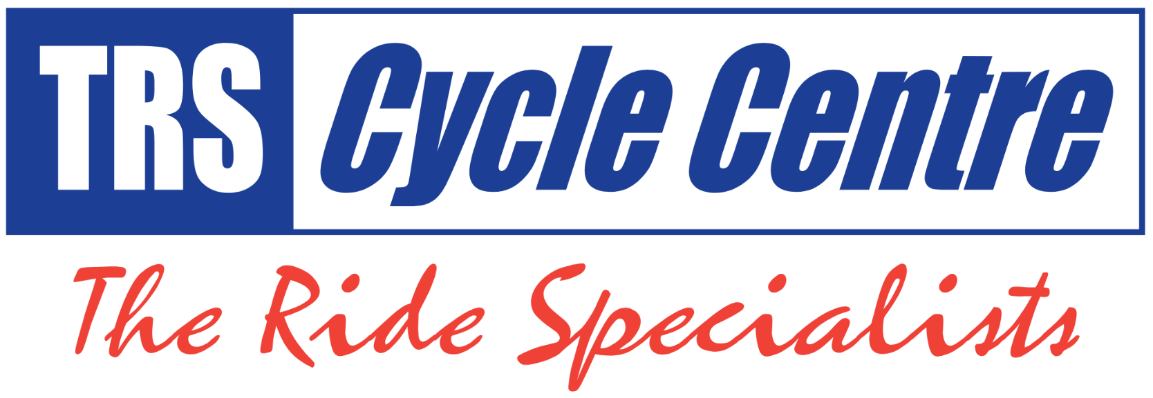 TRS Cycle Centre logo with blue and red text and the slogan “The Ride Specialists”