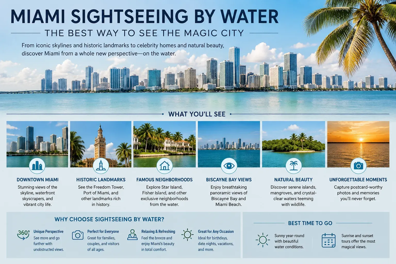 Miami sightseeing by water infographic featuring Biscayne Bay, the Downtown Miami skyline, Star Island, and famous waterfront landmarks.