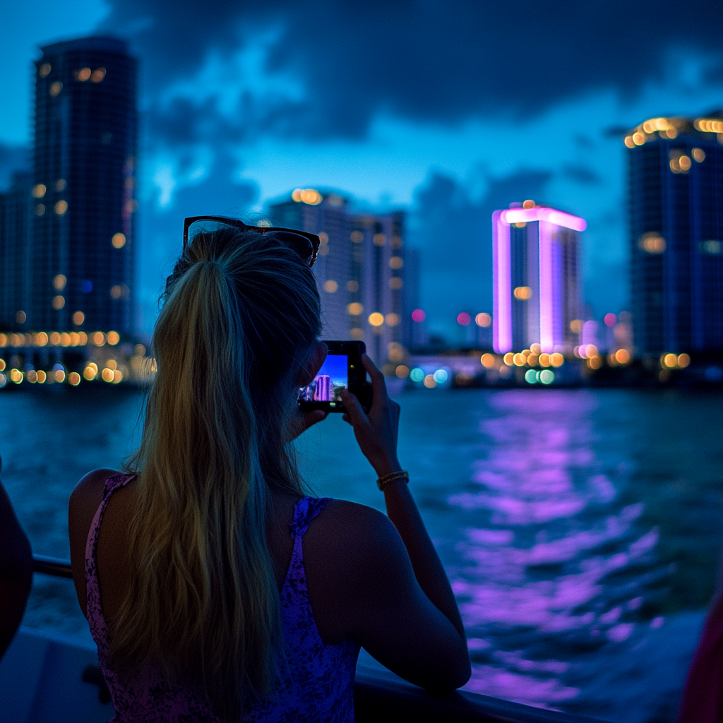 Passenger taking photos of the Miami Skyline at night, on a Miami Celebrity Night Cruise