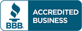 A blue and white badge that says accredited business on it.