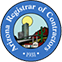 A blue seal with a picture of a city in the middle of it.