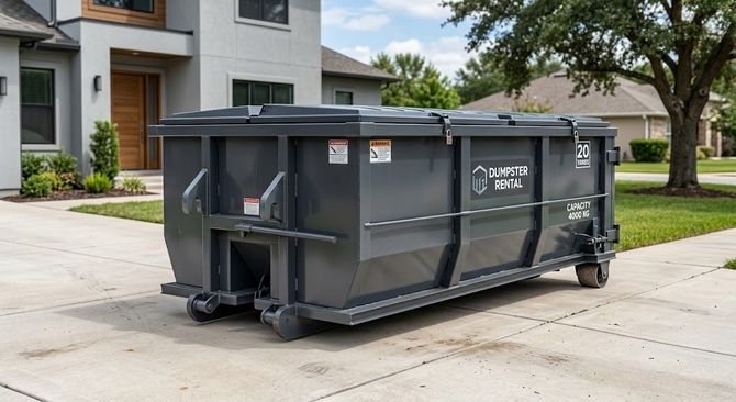 Large gray roll-off dumpster on a suburban driveway in front of a house, with trees and a street nearby.