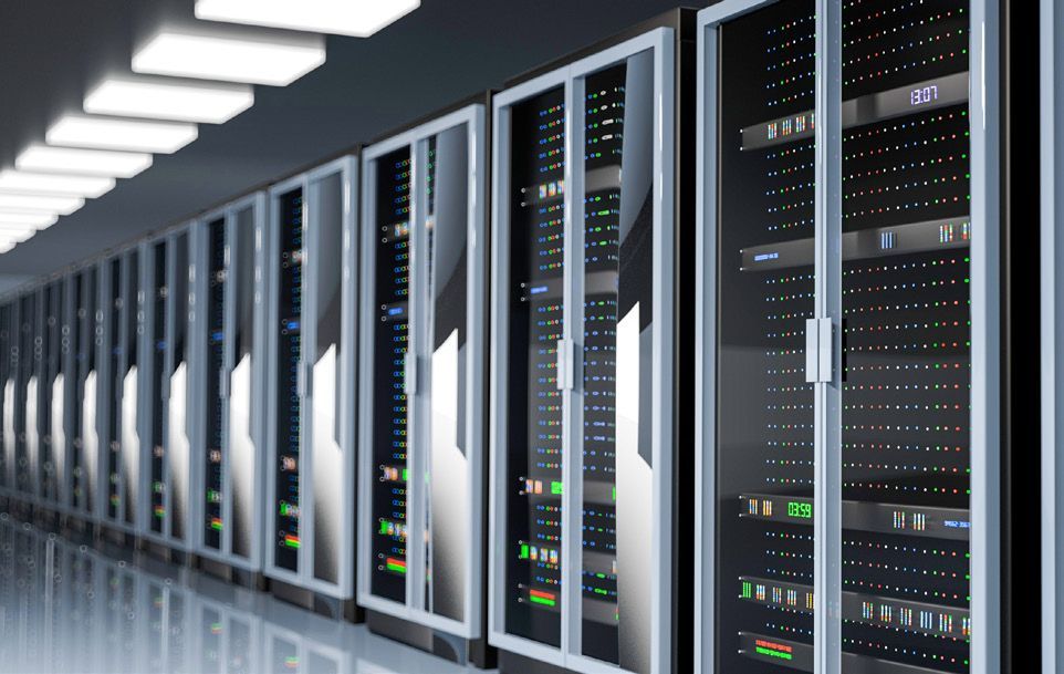 A row of servers are lined up in a data center.