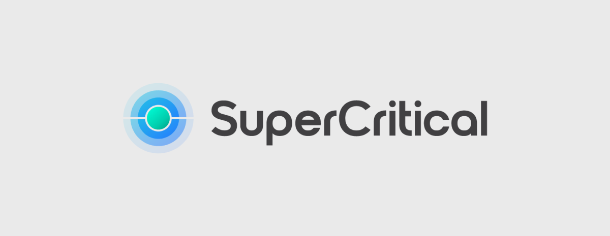 SuperCritical logo with blue circular icon and gray text on a light background