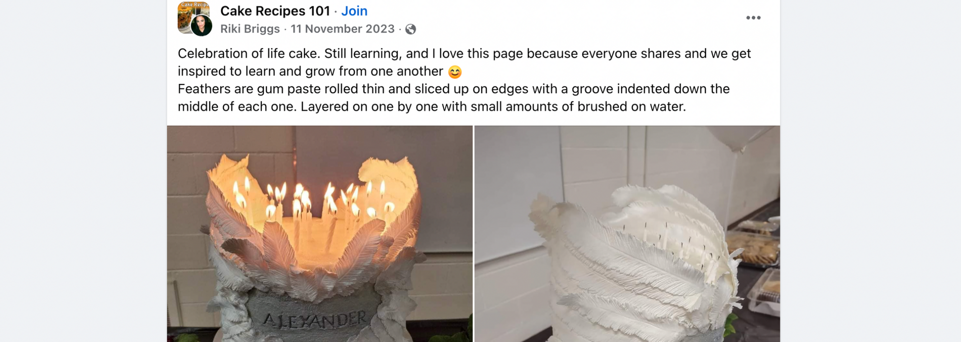 Picture of a White feather cake with candles.
