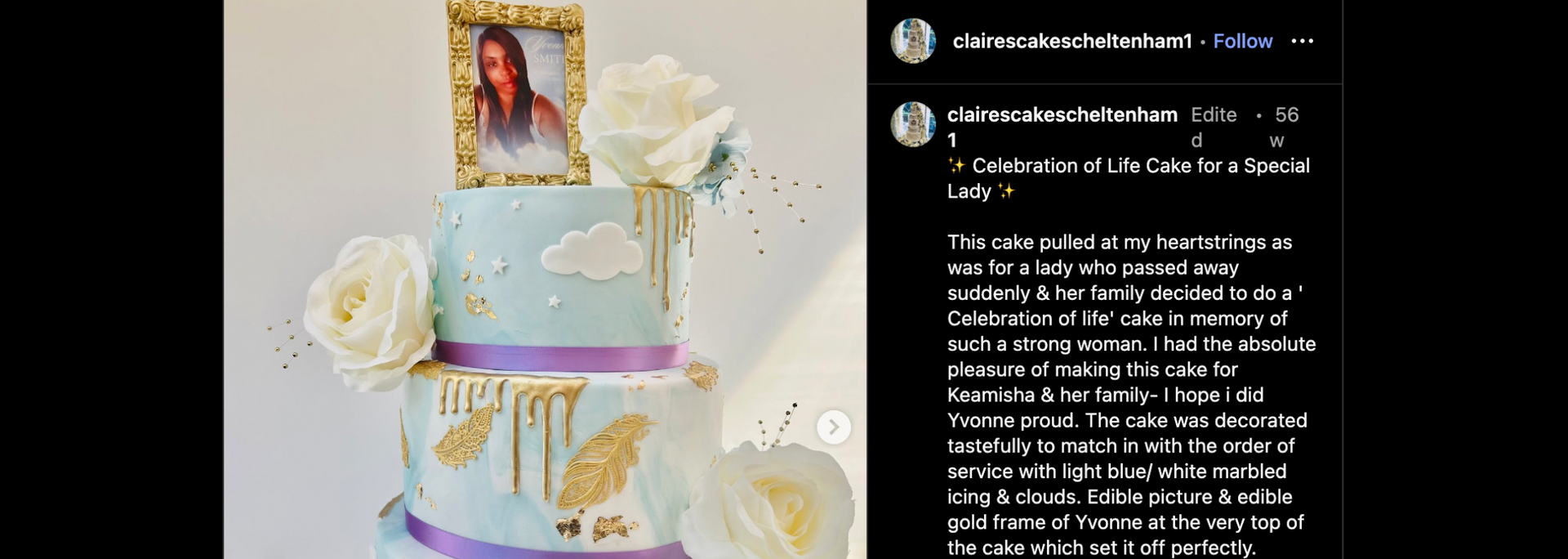 Picture of Celebration of life cake for a special lady. 