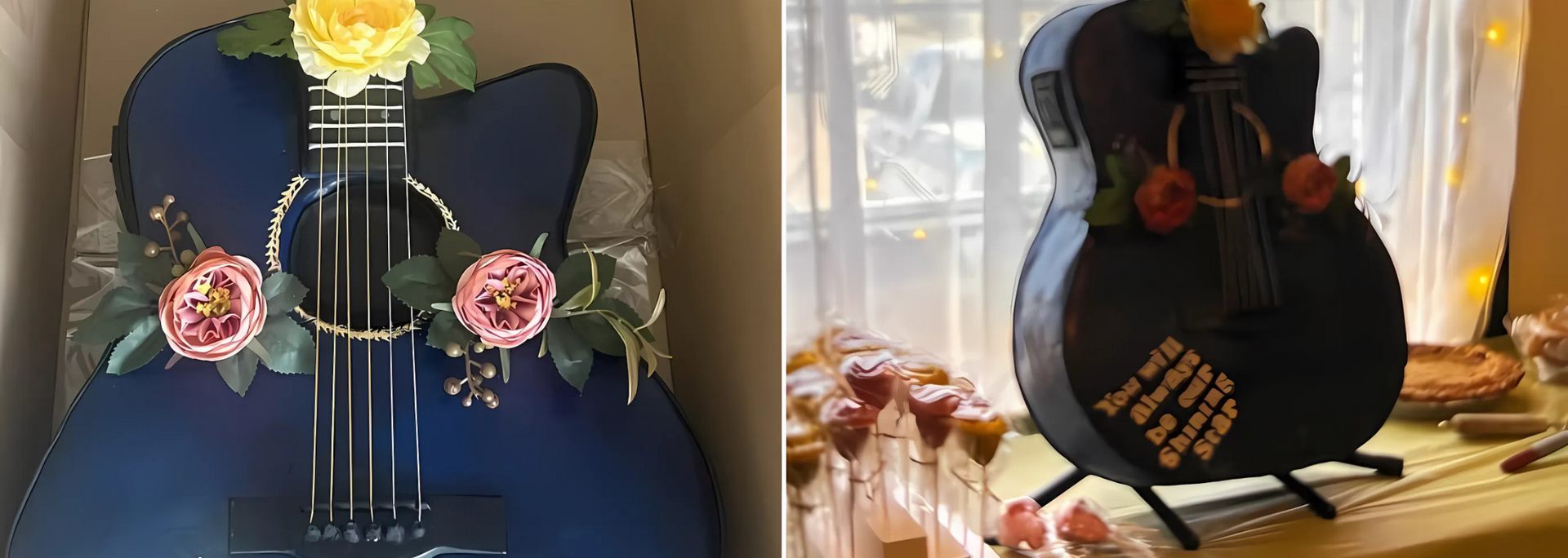 Picture of a Blue guitar with flowers.
