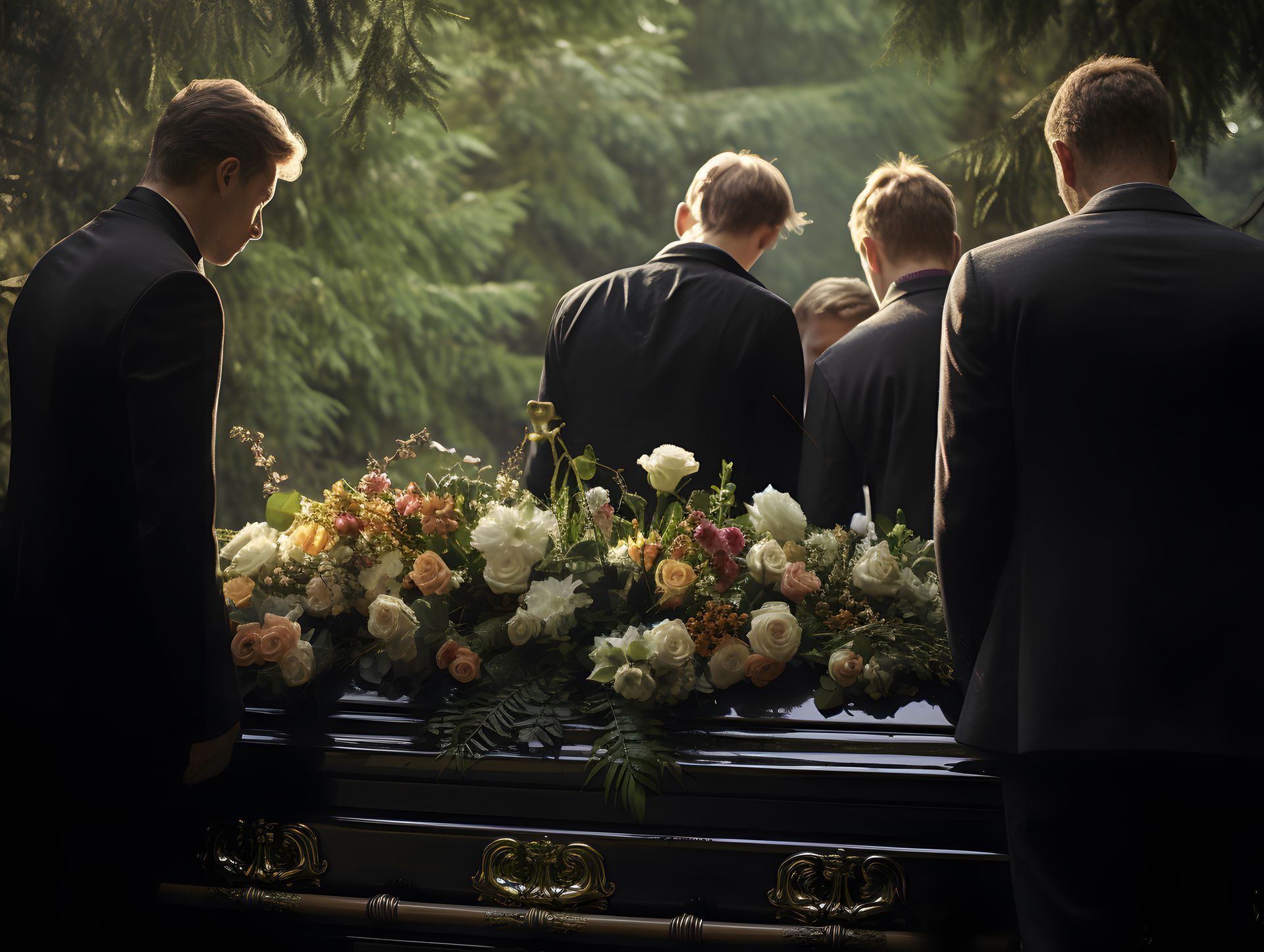 A group of men are standing around a coffin with flowers on it.