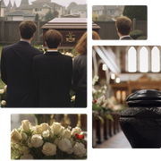 A collage of photos shows people standing in front of a coffin